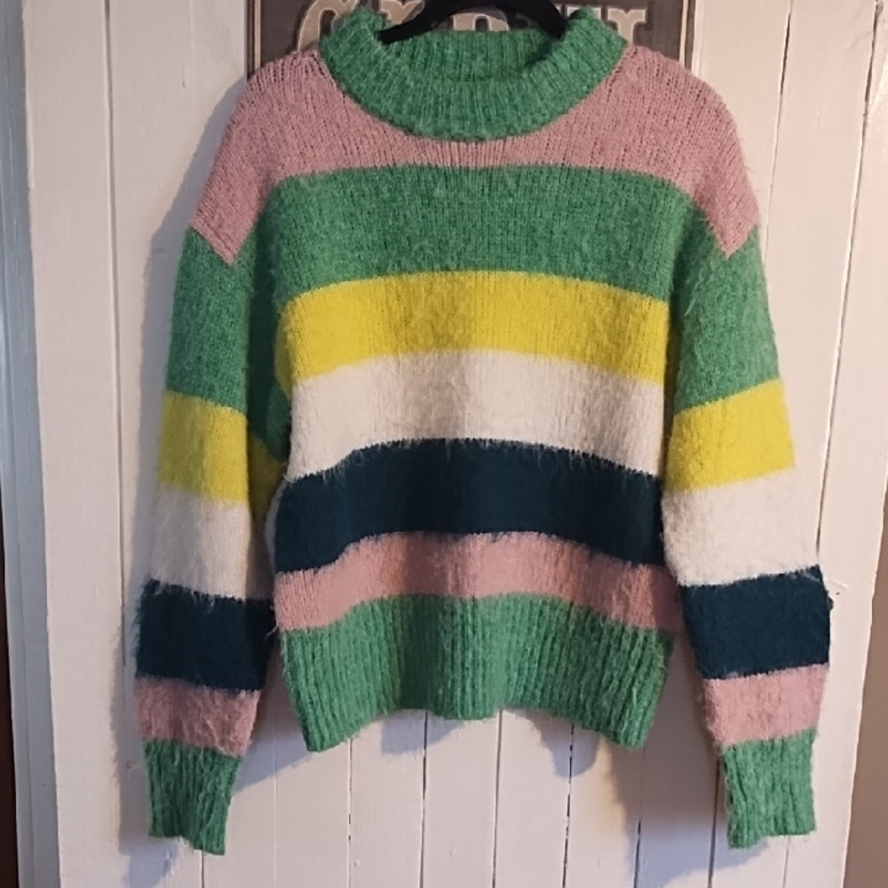 A New Day VGC Color Block Mock Neck Sweater in Green Pink Yellow Oversized Small